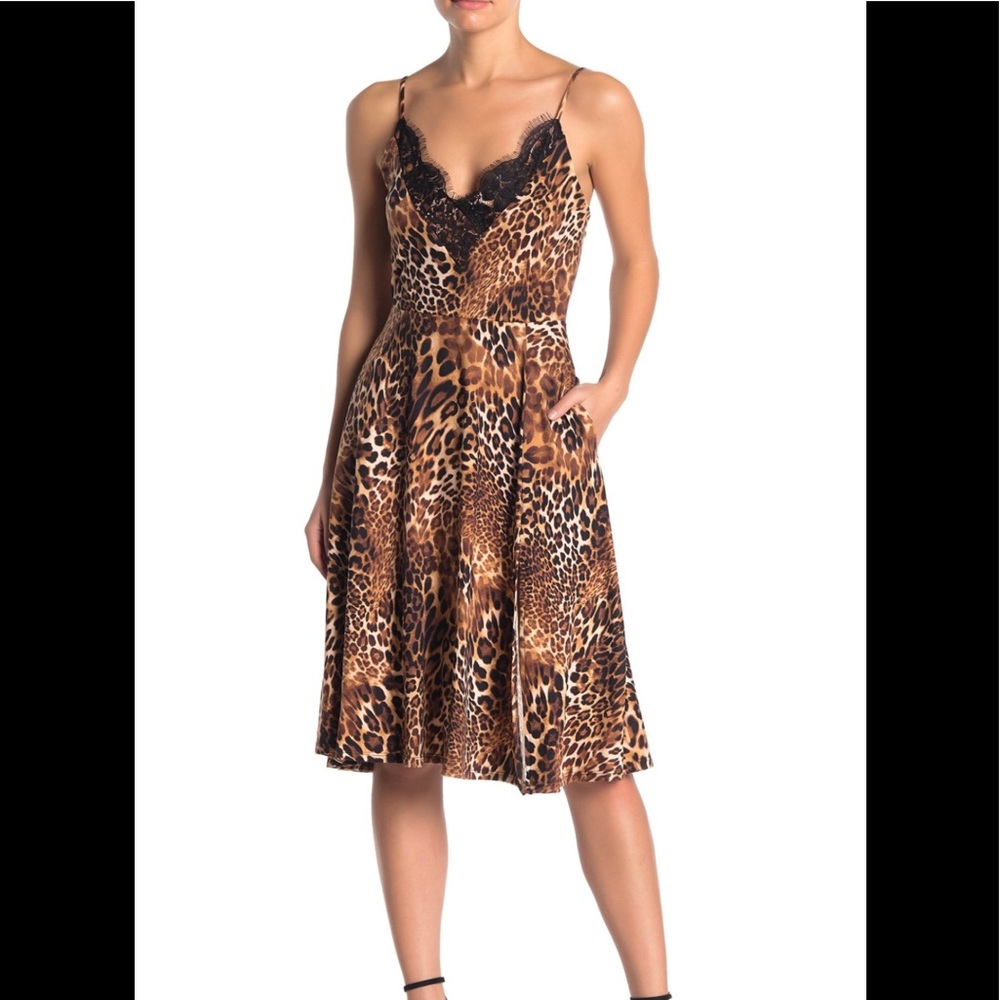 SOCIALITE Brushed Knit Lace Trim Fit & Flare Dress Leopard
